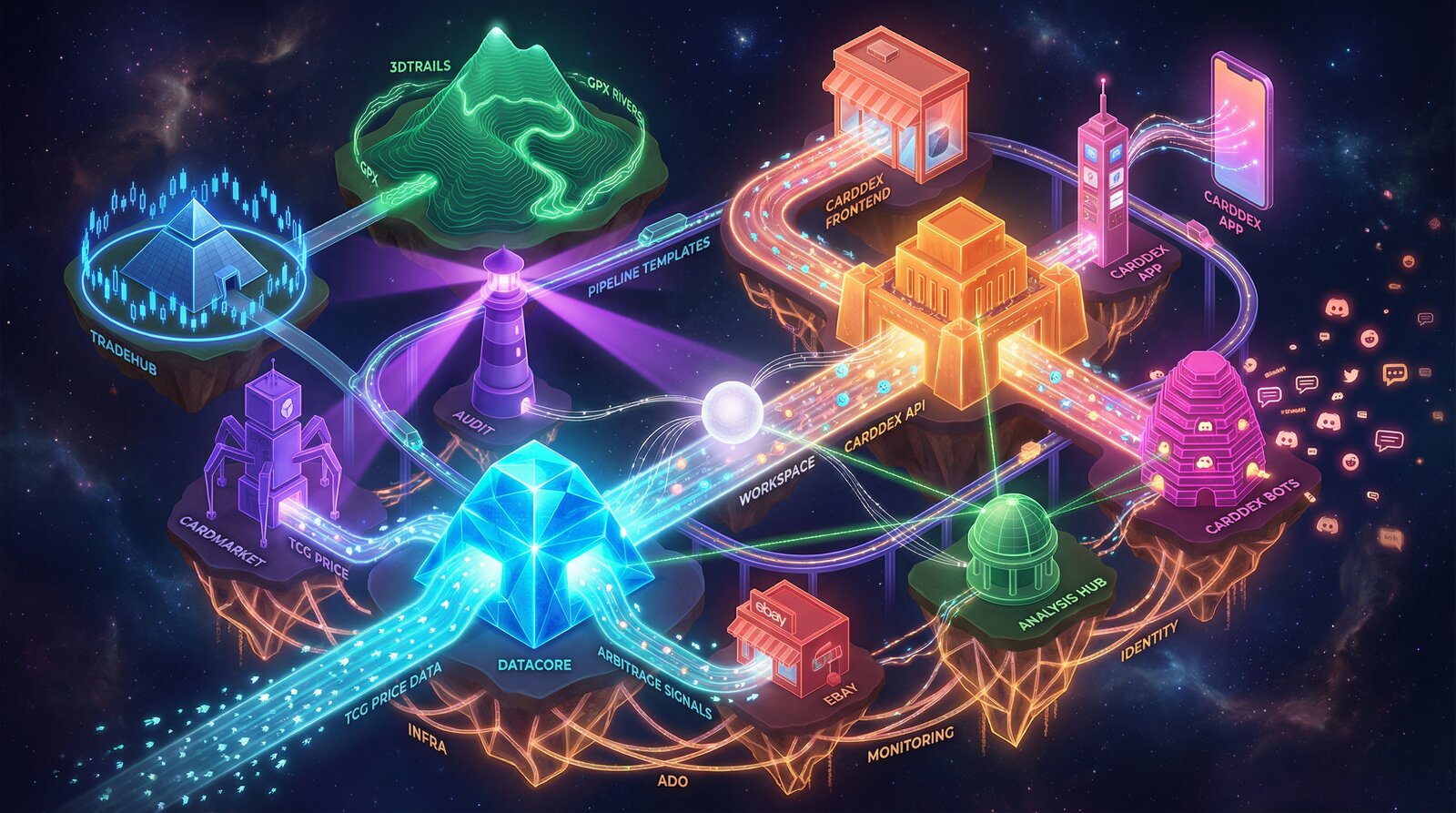Isometric architecture map of Julian's platform — Carddex frontend, API, app and bots, 3D Trails, Datacore, Cardmarket, Tradehub and Analysis Hub connected by pipelines, identity, monitoring and shared infrastructure