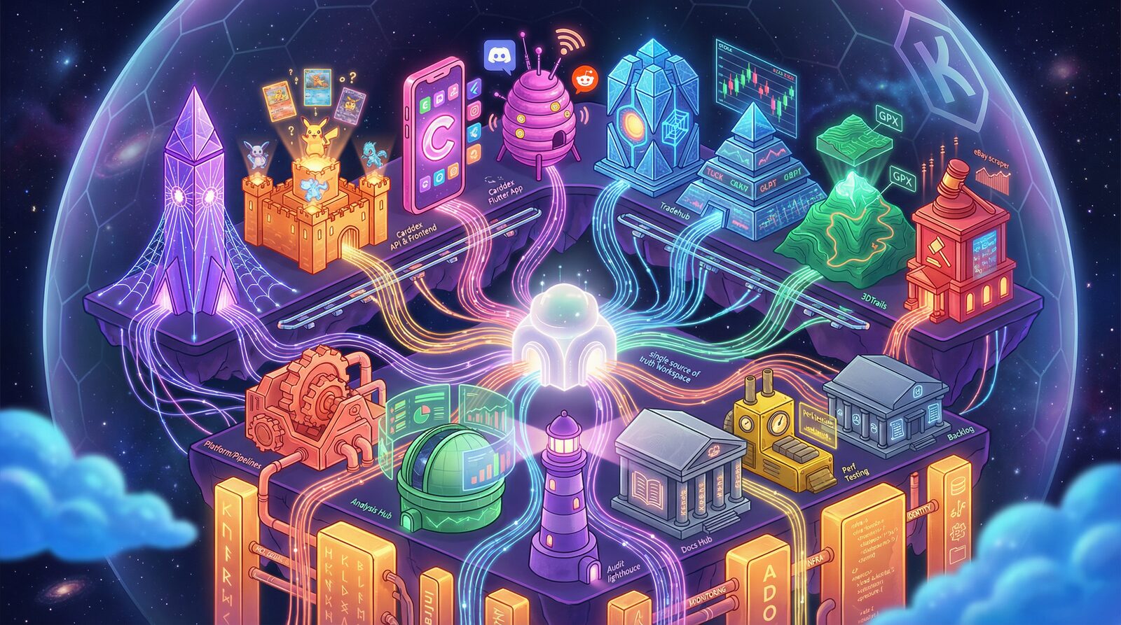 Isometric illustration of an interconnected digital empire — towers, observatories and apps linked by glowing data paths