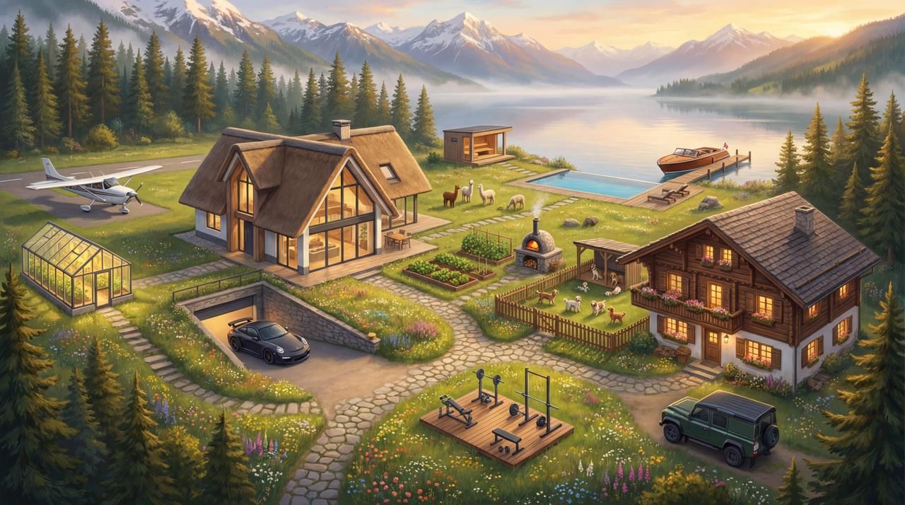 Illustrated alpine estate: a timber chalet and lake house by a mountain lake, with a light aircraft, a sports car in the garage, a boat at the dock, alpacas, a greenhouse, an outdoor gym and a pizza oven.
